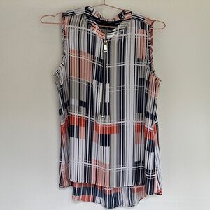 Alfani Sleeveless Striped Plaid Blouse - Blue, white, grey, orange and peach